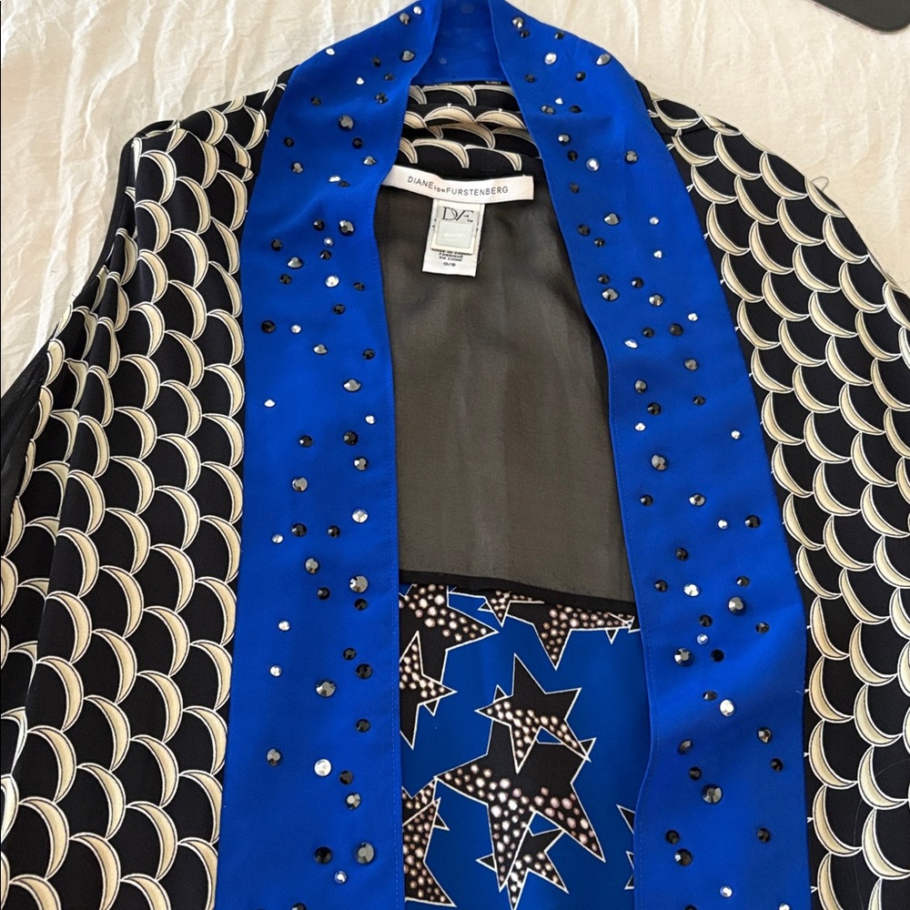 Diane Von Furstenberg Blue and Black Star Silk Printed Vest